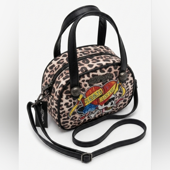 Ed Hardy Tattoo Cheetah Print Handbag Eternal Love Bag Vegan Material Skulls NWT - Picture 5 of 14